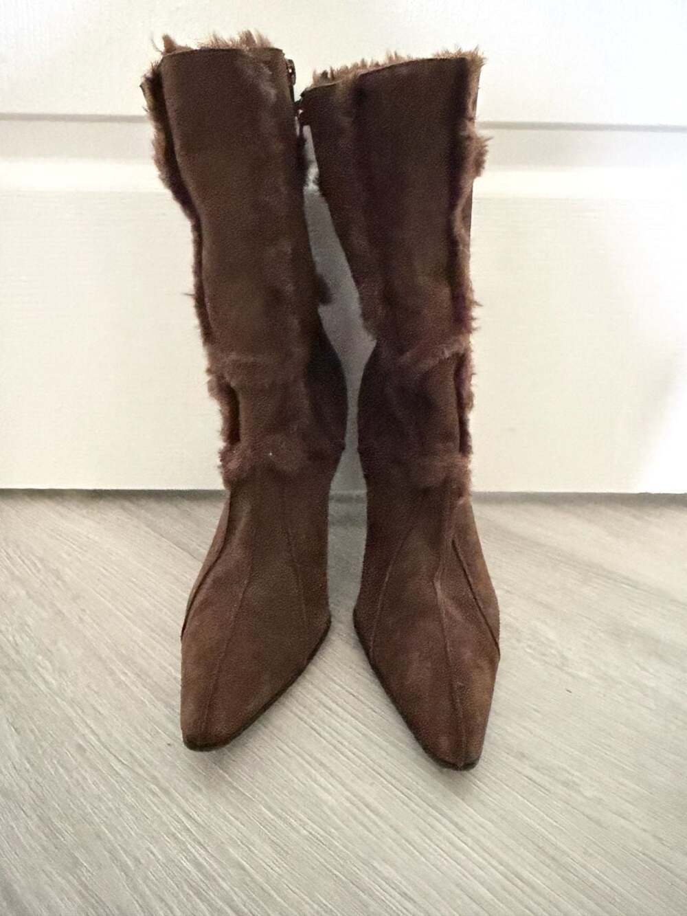 Ann Marino Brown Suede Faux Fur Trim Stiletto Mid-Calf Boots